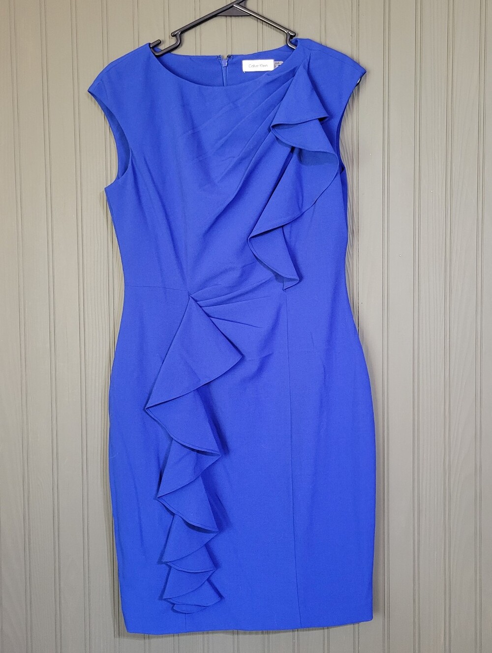Calvin Klein Sleeveless Sheath Dress Asymmetric Ruffle Trim Royal Blue Women's 8